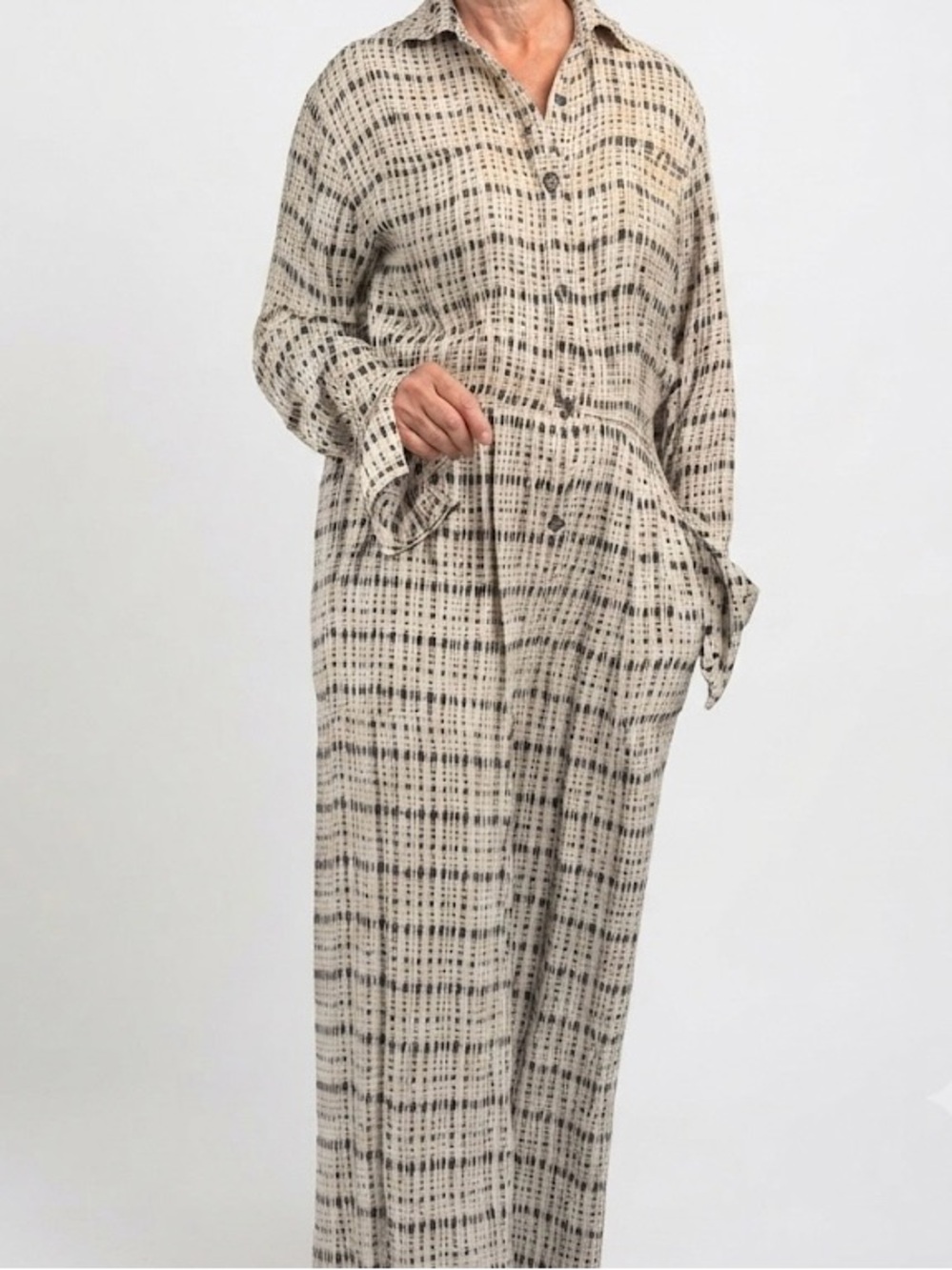 Free People Beige and Black Patterned Button-Front Jumpsuit